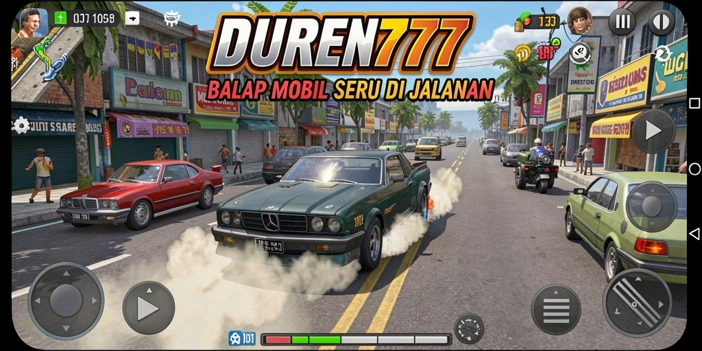 Screenshot gameplay DUREN777 yang menunjukkan balapan mendebarkan di jalan.