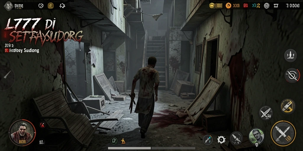 Tangkapan layar L777 menampilkan suasana horor yang mencekam dan gameplay yang intens.