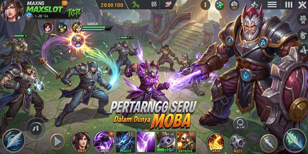 Tampilan seru gameplay MOBA di MAXSLOT dengan strategi tim.