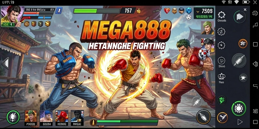 Tampilan gameplay MEGA888 dengan aksi pertarungan yang intens dan karakter beragam.