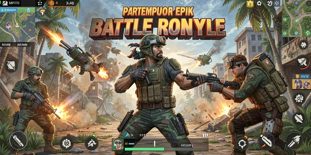 Screenshot MPO76 menampilkan aksi pertempuran seru di arena Battle Royale.