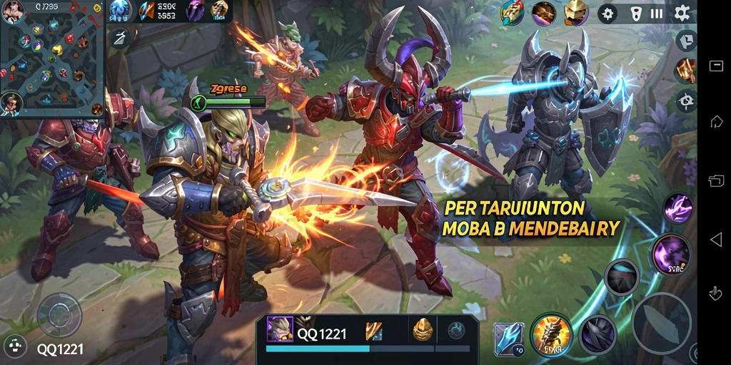 Screenshot gameplay QQ1221 yang menampilkan aksi seru MOBA.
