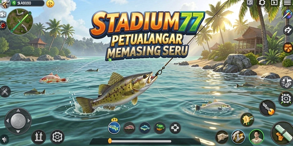 Gameplay STADIUM77 menampilkan aksi memancing yang mendebarkan dan penuh warna.